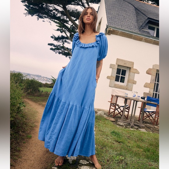 Free People Kaylyn Midi Dress Blue Open Back Short Puff Sleeve Midi Dress NWOT - Picture 2 of 11